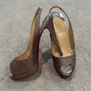 Christian Louboutin Rose Gold Lady PeeGlitter Peep-Toe Slingbacks with Red Soles